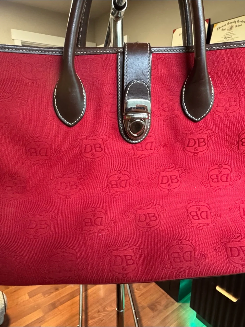 Dooney & Bourke Red Duffel with Brown Leather Trim